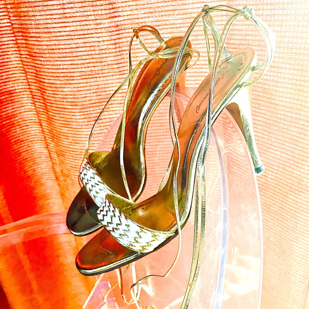 Disco Era 70s Bonnie Smith for Kimel gold + rattan lace up stiletto sandals 9